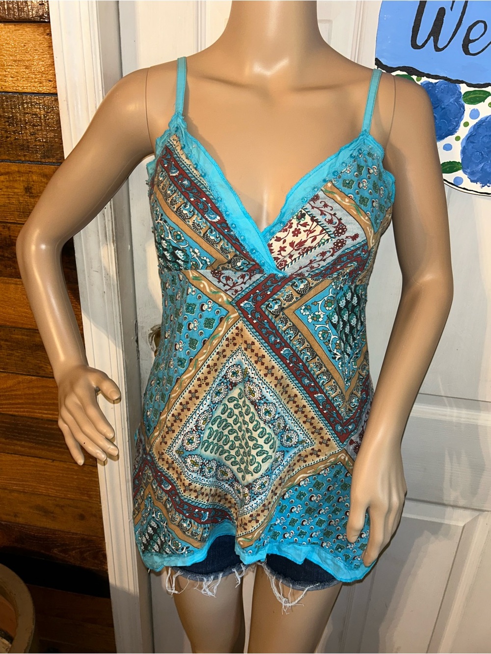 Y2K Cato Turquoise Multi-Print Lace-Trim V-Neck Cami